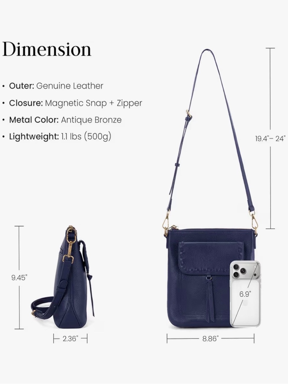 Women's Navy Blue Genuine Leather Crossbody Bag Anti Theft Shoulder Purse Travel - Picture 7 of 7